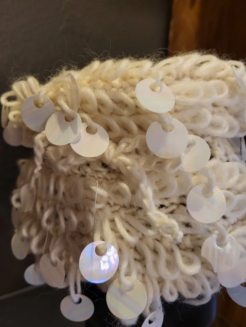 Jo Giovanni 1950s Ivory Wool Beehive Pillbox Iridescent Paillette Dangles Italy